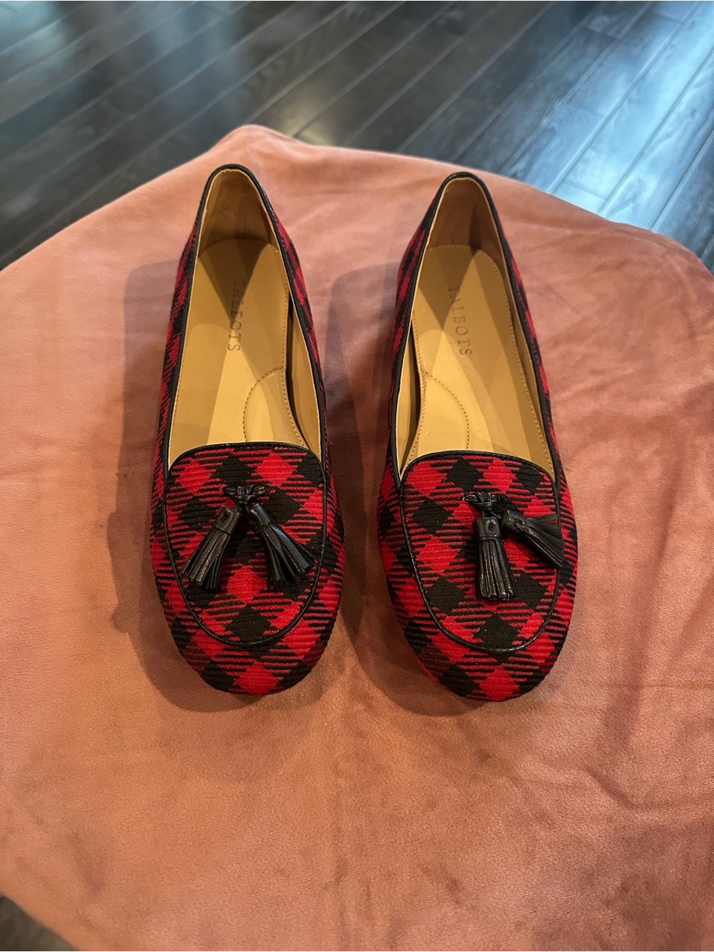 Talbots Red & Black Plaid Tassel Loafers